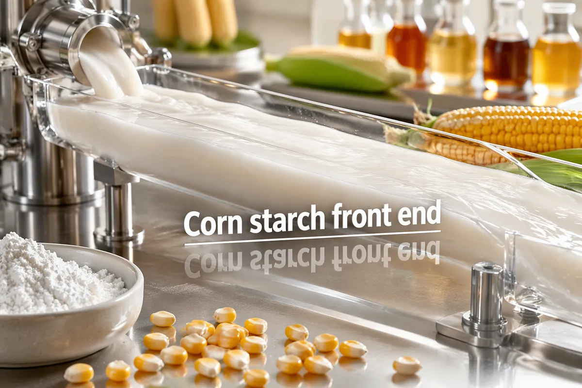 Corn starch slurry pouring from a stainless outlet into a clear channel at the front end of a starch line, with corn kernels and starch powder in the foreground